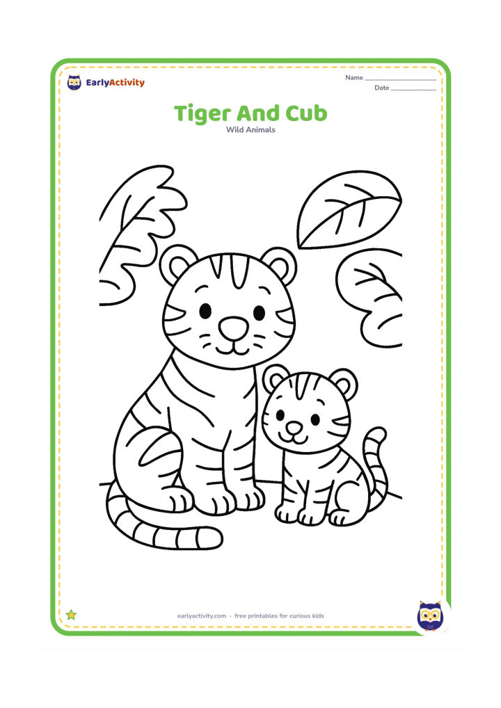 Colouring page: A mother tiger sits beside a smaller cub that stands close to her front legs. Include a few large jungle leaves and a simple ground line.
