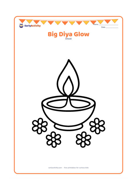 Colouring page: A single large diya with a tall flame, rounded bowl, and a few simple flower petals around it. Place it centrally on a clear floor with plenty of open space.