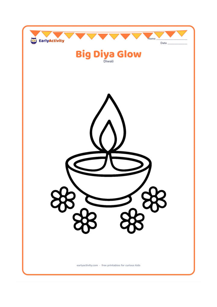 Colouring page: A single large diya with a tall flame, rounded bowl, and a few simple flower petals around it. Place it centrally on a clear floor with plenty of open space.