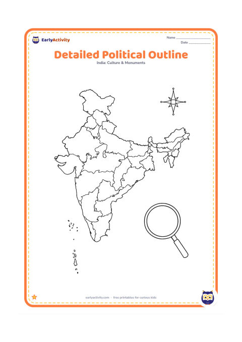 Colouring page: Draw a highly detailed but clean outline map of India with state and union-territory borders, an accurate coastline, and separate island groups. Add a small unlettered compass rose and a…