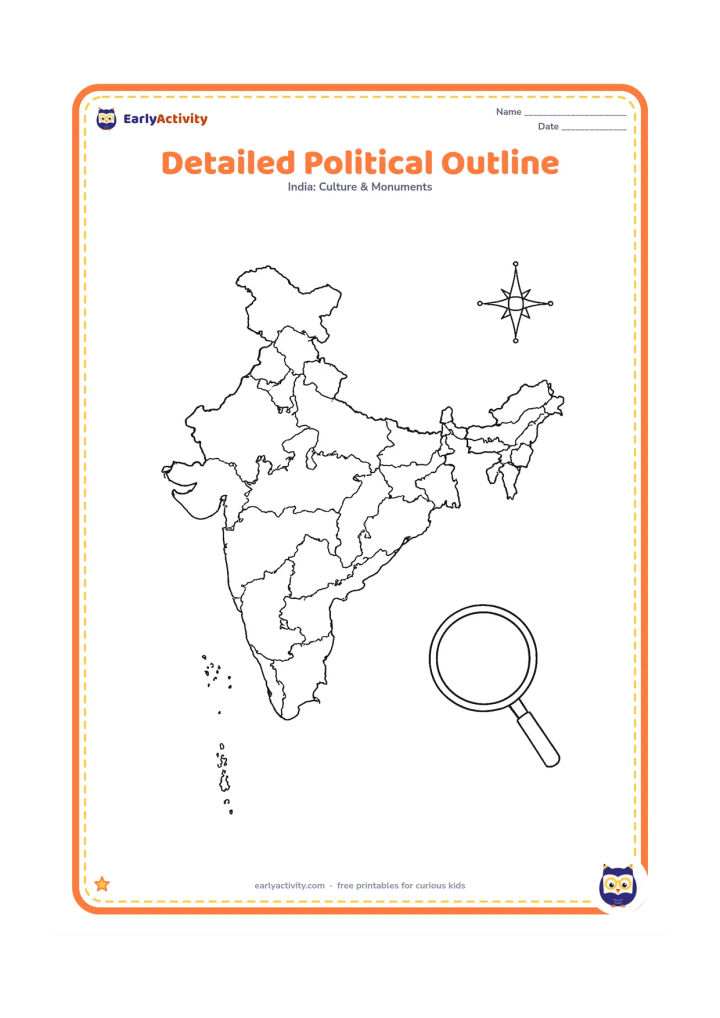 Colouring page: Draw a highly detailed but clean outline map of India with state and union-territory borders, an accurate coastline, and separate island groups. Add a small unlettered compass rose and a…