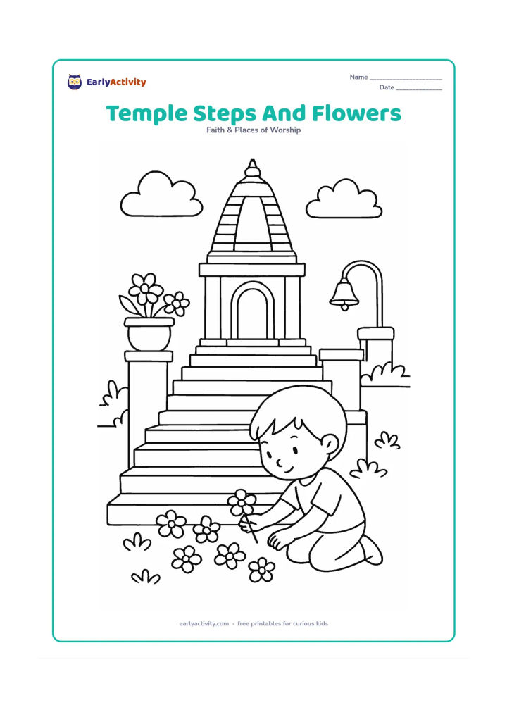 Colouring page: A broad flight of steps leading to a temple with a tall entrance tower, while a child places flowers along the lowest step. Add flower pots, a low wall and a small side bell.