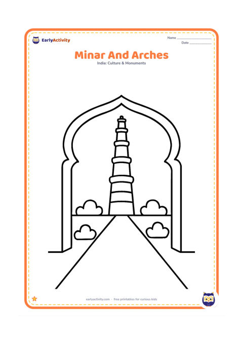 Colouring page: Draw Qutub Minar behind two large simple courtyard arches, with a clear path leading toward the tower. Include only a few rounded shrubs beside the path.