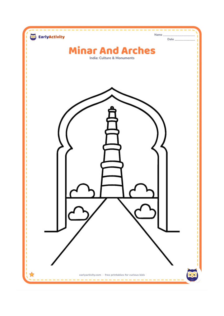 Colouring page: Draw Qutub Minar behind two large simple courtyard arches, with a clear path leading toward the tower. Include only a few rounded shrubs beside the path.
