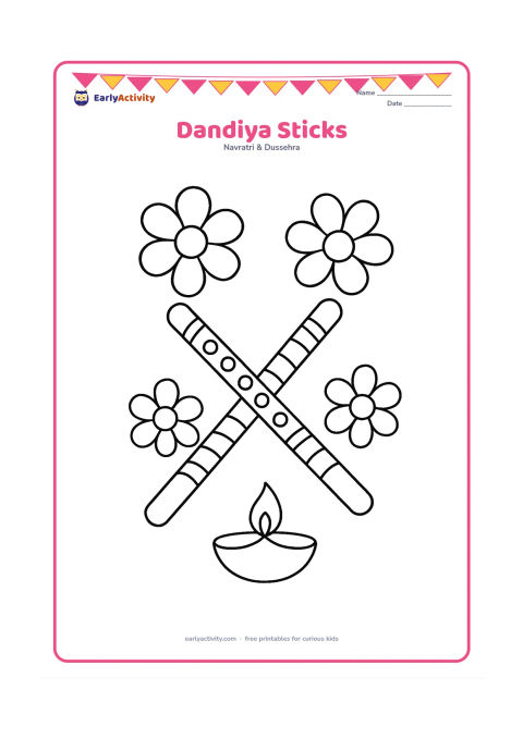 Colouring page: Draw two crossed decorated dandiya sticks surrounded by large flower shapes and a small diya. Keep the sticks thick and the decoration simple, with no letters or numbers.