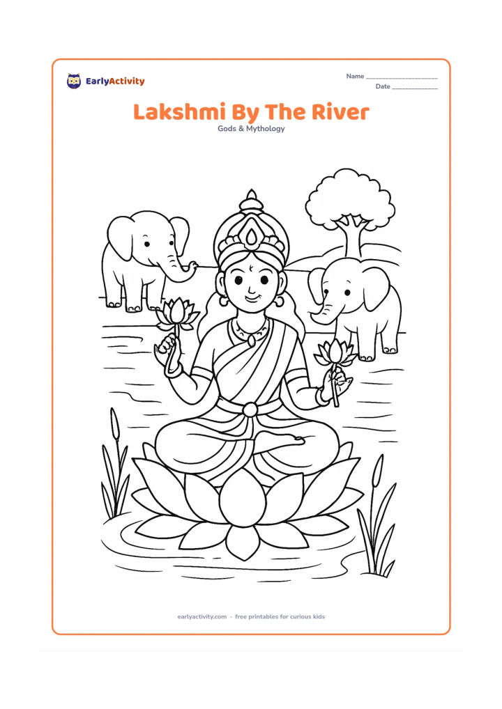 Colouring page: Draw Goddess Lakshmi seated on a lotus in a calm river, holding two lotus flowers while two elephants stand on the banks with raised trunks. Add reeds, ripples, and a distant tree.