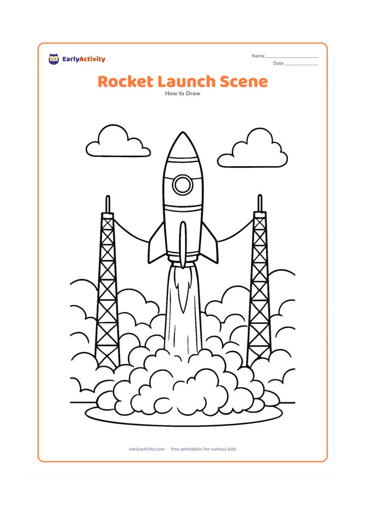 Worksheet: A detailed rocket launches vertically from a circular platform, surrounded by support towers, cables, layered smoke clouds and a low horizon. Show fins, windows and panel sections on the…