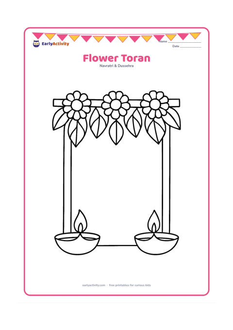 Colouring page: Draw a wide marigold toran hanging across the top of a simple doorway, with large leaves and two diyas below. Leave the doorway empty and free of signs or writing.