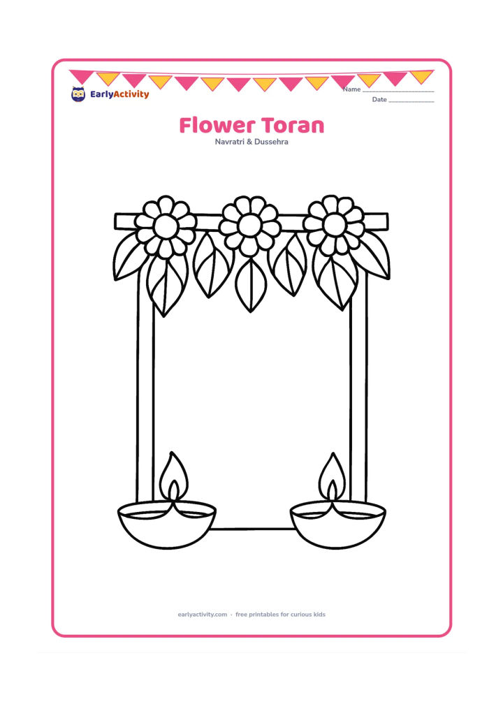 Colouring page: Draw a wide marigold toran hanging across the top of a simple doorway, with large leaves and two diyas below. Leave the doorway empty and free of signs or writing.