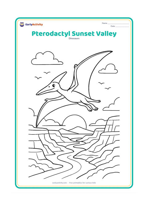 Colouring page: Draw a Pterodactyl gliding above a detailed valley at sunset, with layered cliffs, a winding river, distant mountains, clouds and a low sun. Add a few small flying shapes far behind it.