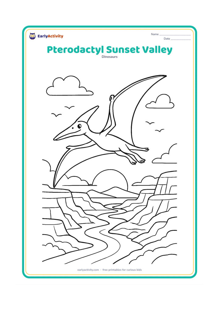Colouring page: Draw a Pterodactyl gliding above a detailed valley at sunset, with layered cliffs, a winding river, distant mountains, clouds and a low sun. Add a few small flying shapes far behind it.
