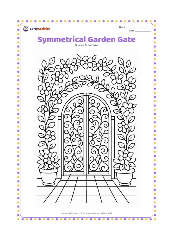 Colouring page: Draw an ornate garden gate with matching left and right panels filled with repeating vines, leaves, circles, and diamonds. Surround it with climbing flowers, two planters, and a tiled…