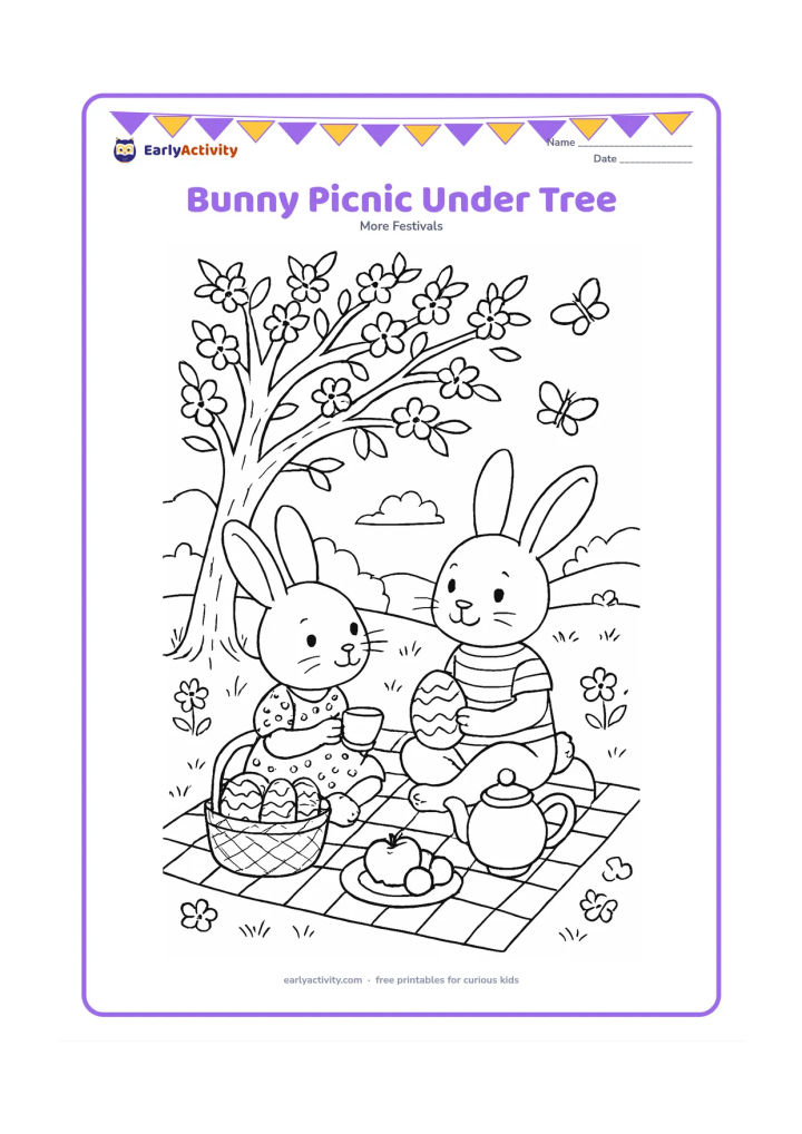 Colouring page: Two rabbits enjoy an Easter picnic beneath a large flowering tree, with a checked blanket, basket of eggs, flowers, teapot and fruit. Add a meadow, distant hills and butterflies in the…