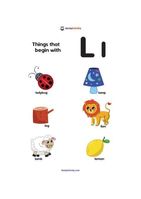 Worksheet showing the heading “Things that begin with L” and pictures of a ladybug, lamp, log, lion, lamb and lemon.