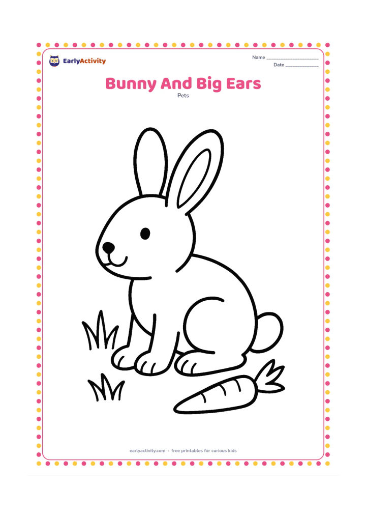 Colouring page: Draw a close view of a seated bunny turned slightly sideways so both long ears, four paws, and the rounded back legs are easy to see. Add a few grass blades and one small carrot nearby.