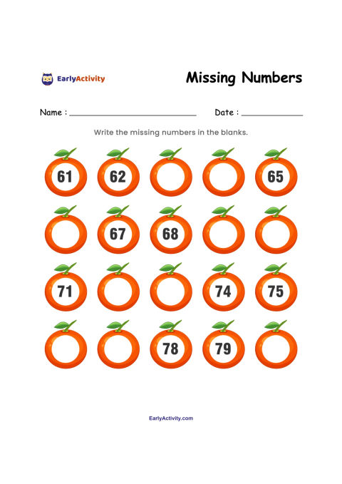 Worksheet with 20 orange illustrations labelled with numbers from 61 to 80, with several numbers missing for the child to complete.