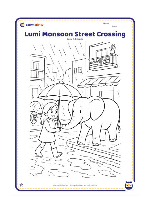 Colouring page: Lumi carefully crosses a rainy Indian neighbourhood street holding an umbrella, guided by a friendly adult elephant friend. Show puddles, a covered bicycle, balconies with plants, a tea…