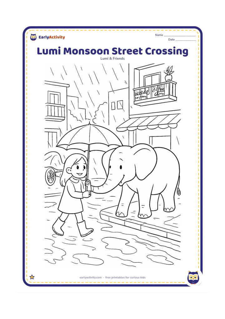 Colouring page: Lumi carefully crosses a rainy Indian neighbourhood street holding an umbrella, guided by a friendly adult elephant friend. Show puddles, a covered bicycle, balconies with plants, a tea…