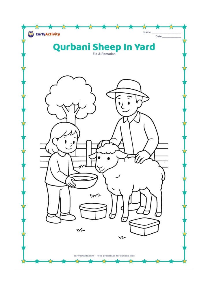 Colouring page: A healthy sheep stands calmly in a clean yard beside an adult and child holding a bowl of water, with a low fence, leafy tree and covered food containers nearby. The people look after…