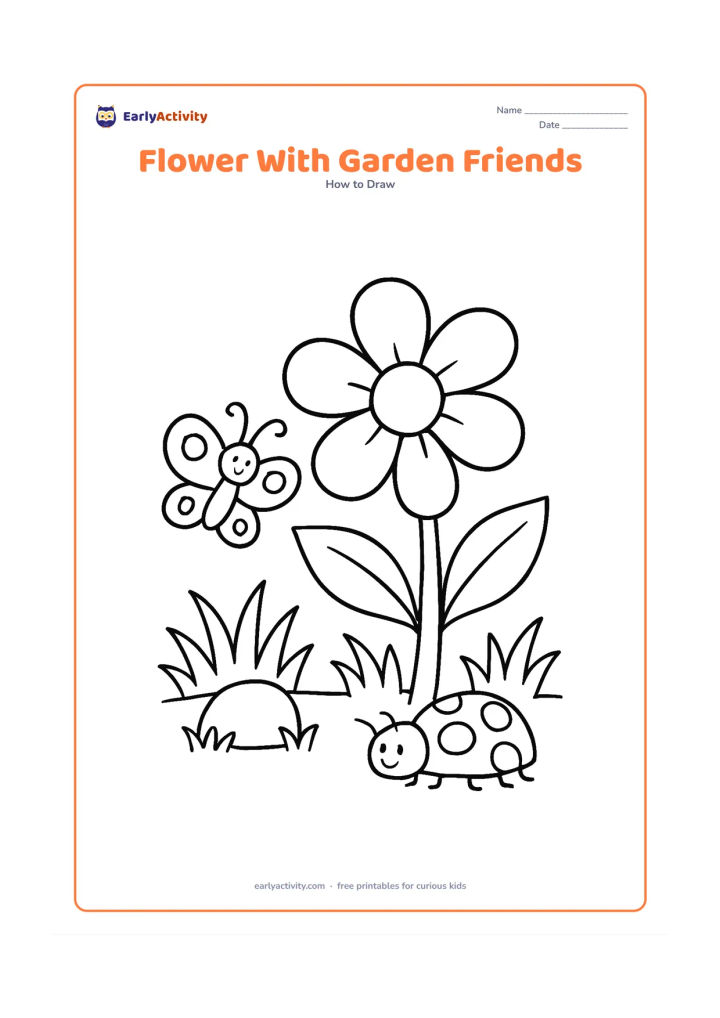 Worksheet: A large five-petal flower stands in a small garden beside a friendly butterfly and a round ladybird, with leaves, grass and one low stone. Keep the flower largest and central.