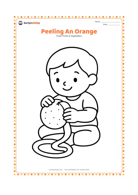 Colouring page: Draw a child sitting and peeling a large orange, with one broad strip of peel curling onto a plate. Show the child's hands clearly and keep the scene uncluttered.
