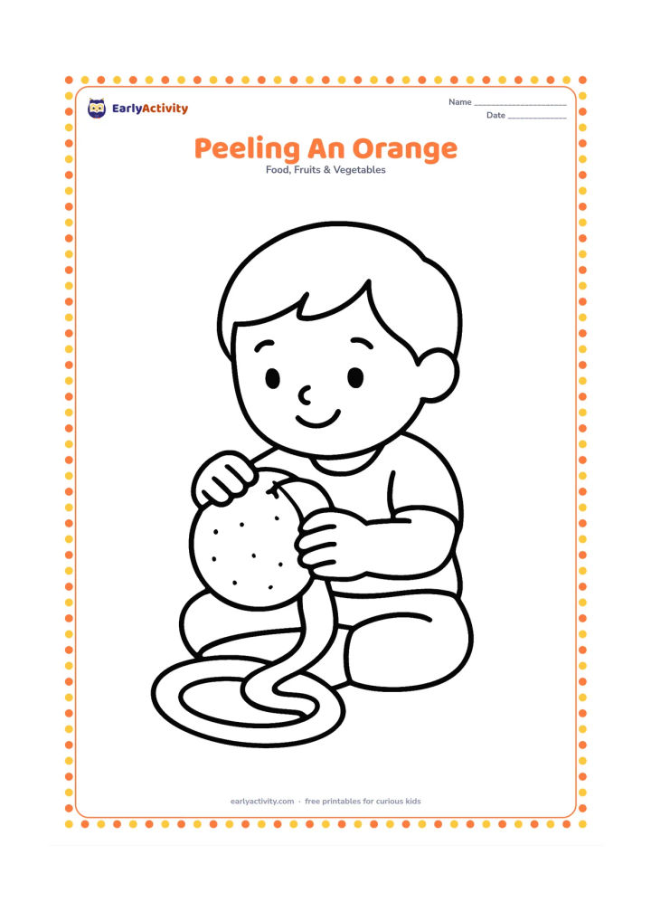 Colouring page: Draw a child sitting and peeling a large orange, with one broad strip of peel curling onto a plate. Show the child's hands clearly and keep the scene uncluttered.