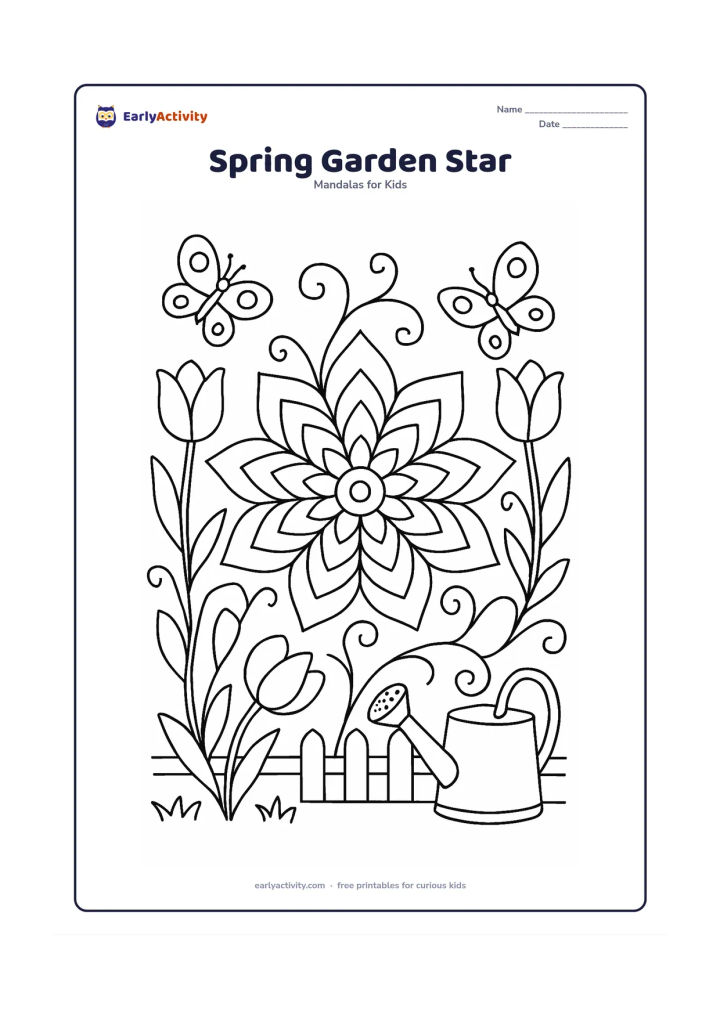 Colouring page: Draw a multi-layered star mandala surrounded by tulips, butterflies and curling garden stems. Add a low garden fence and a small watering can behind the lower edge of the mandala.