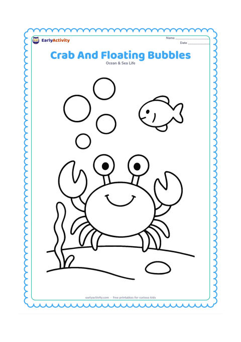 Colouring page: Place a smiling crab underwater with large round bubbles rising above it, one fish in the background and a broad sandy seabed. Add a single piece of seaweed near one claw.