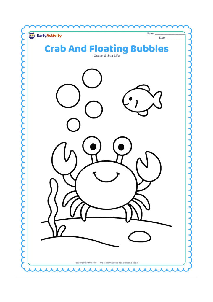 Colouring page: Place a smiling crab underwater with large round bubbles rising above it, one fish in the background and a broad sandy seabed. Add a single piece of seaweed near one claw.