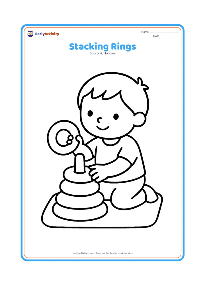 Colouring page: A child placing a large ring onto a stacking-ring toy with three rings already on its post. Show the toy on a low floor mat.