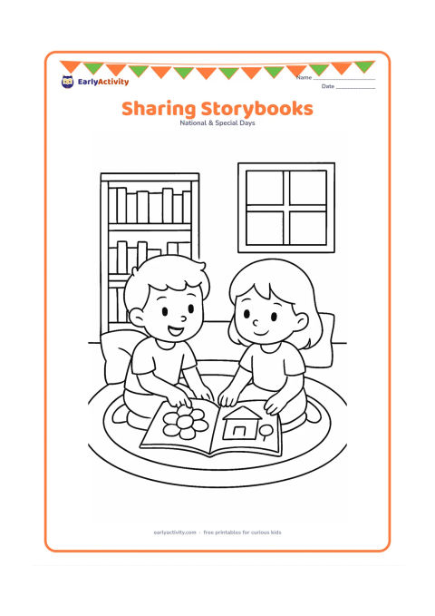 Colouring page: Two children sit on a classroom rug sharing an open picture book, with cushions, a bookshelf of blank book spines, and a window behind them. Show one child pointing to a picture while…