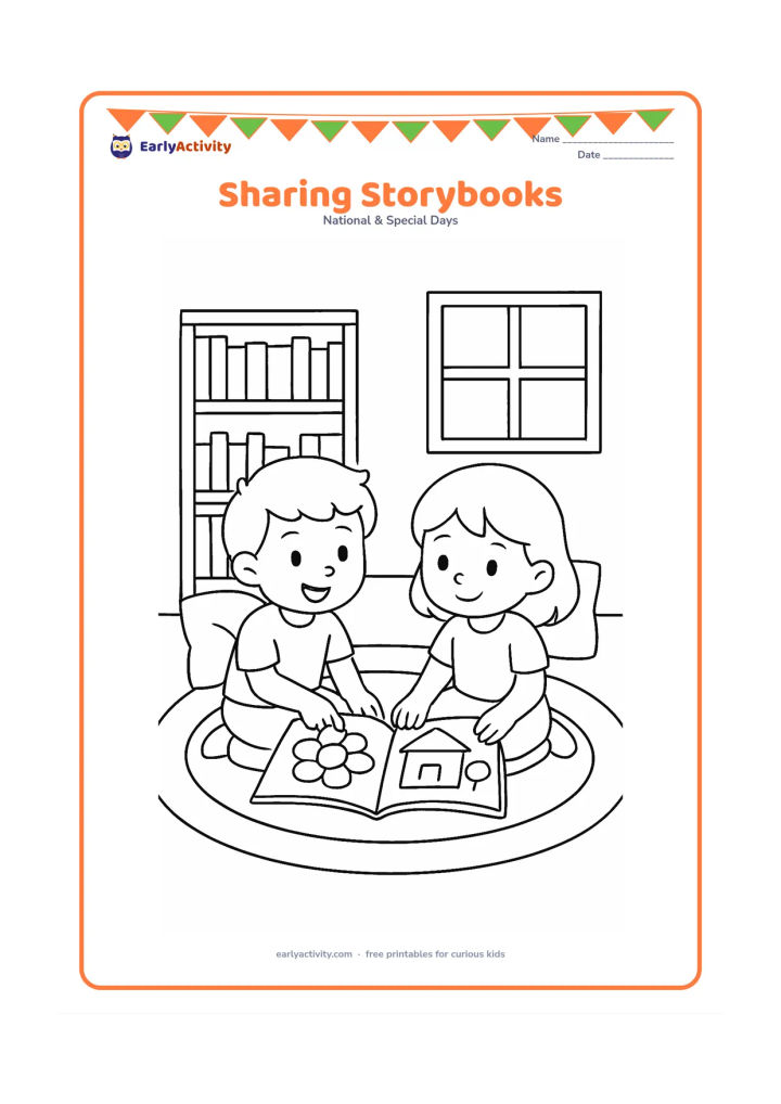 Colouring page: Two children sit on a classroom rug sharing an open picture book, with cushions, a bookshelf of blank book spines, and a window behind them. Show one child pointing to a picture while…