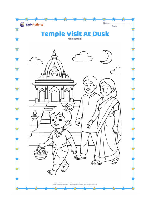 Colouring page: Draw a child Krishna figure walking with a family toward a decorated Indian temple at dusk, carrying a small flower basket. Include steps, pillars, lamps and a crescent moon in the sky.