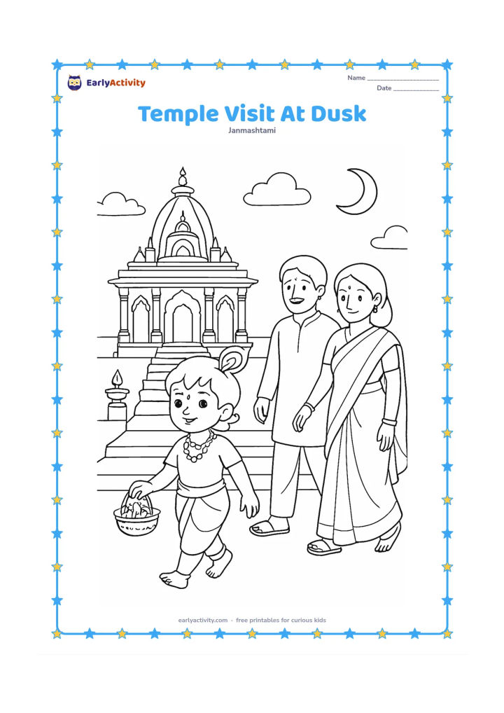 Colouring page: Draw a child Krishna figure walking with a family toward a decorated Indian temple at dusk, carrying a small flower basket. Include steps, pillars, lamps and a crescent moon in the sky.