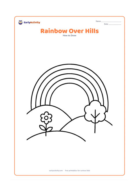 Worksheet: A large rainbow arches over two rounded hills with one simple flower and one small tree on the ground. The rainbow should be the main focus, with wide arcs and very few landscape details.