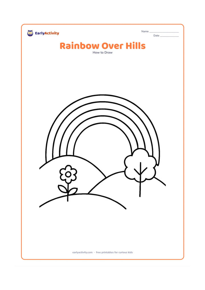 Worksheet: A large rainbow arches over two rounded hills with one simple flower and one small tree on the ground. The rainbow should be the main focus, with wide arcs and very few landscape details.