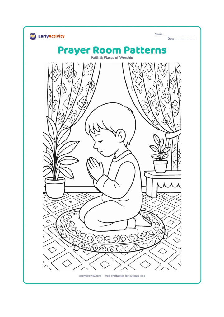 Colouring page: A child with bowed head and folded hands sits on an ornate cushion in a quiet prayer room, surrounded by patterned floor tiles, curtains, a low shelf, and plants.