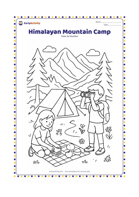 Colouring page: Draw two children beside a tent at a mountain campsite, one preparing a picnic and the other looking through binoculars. Surround them with tall peaks, pine trees, a winding trail,…