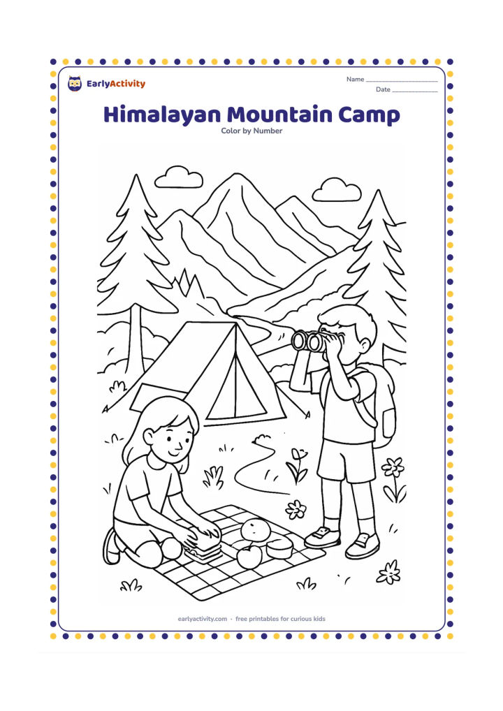 Colouring page: Draw two children beside a tent at a mountain campsite, one preparing a picnic and the other looking through binoculars. Surround them with tall peaks, pine trees, a winding trail,…