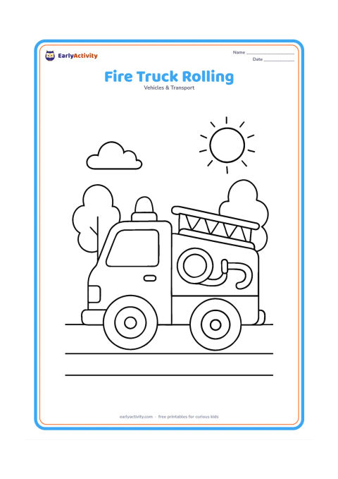 Colouring page: Draw a side-view fire truck moving along a simple road, with large wheels, a water hose, roof light and a small cloud behind it. Add one or two rounded trees and a sun in the distance.