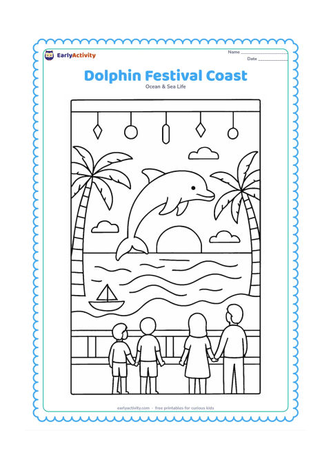 Colouring page: Draw a dolphin leaping offshore near an Indian seaside promenade with coconut palms, simple decorative hanging shapes, a small boat, families watching from the shore, and sunset waves.…