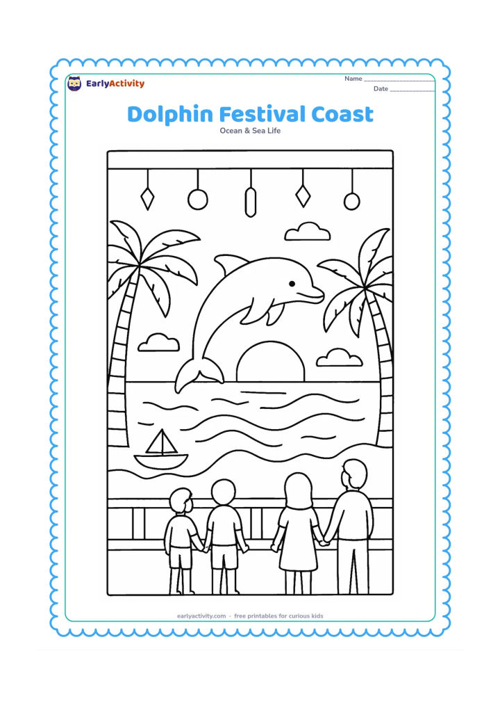 Colouring page: Draw a dolphin leaping offshore near an Indian seaside promenade with coconut palms, simple decorative hanging shapes, a small boat, families watching from the shore, and sunset waves.…