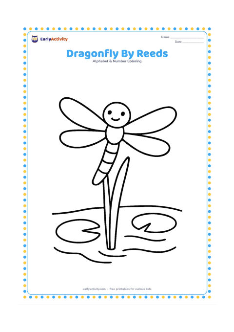 Colouring page: A large dragonfly rests on a broad water reed above a small pond. Add two rounded lily pads and gentle water curves.