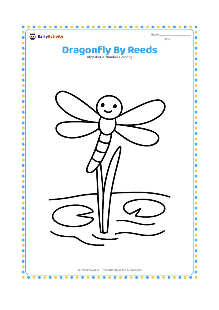 Colouring page: A large dragonfly rests on a broad water reed above a small pond. Add two rounded lily pads and gentle water curves.