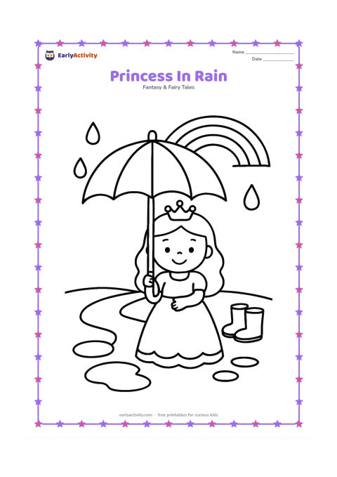 Colouring page: Draw a princess holding a large umbrella on a path after a gentle shower. Add three raindrops, puddles, a rainbow, and two simple rain boots beside her.