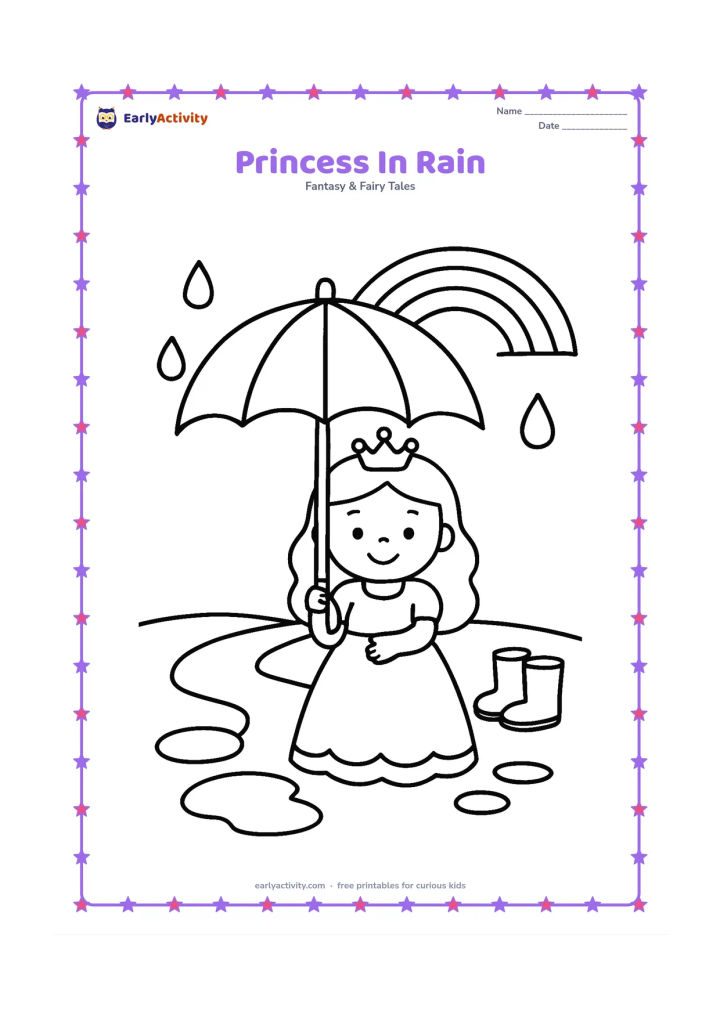 Colouring page: Draw a princess holding a large umbrella on a path after a gentle shower. Add three raindrops, puddles, a rainbow, and two simple rain boots beside her.