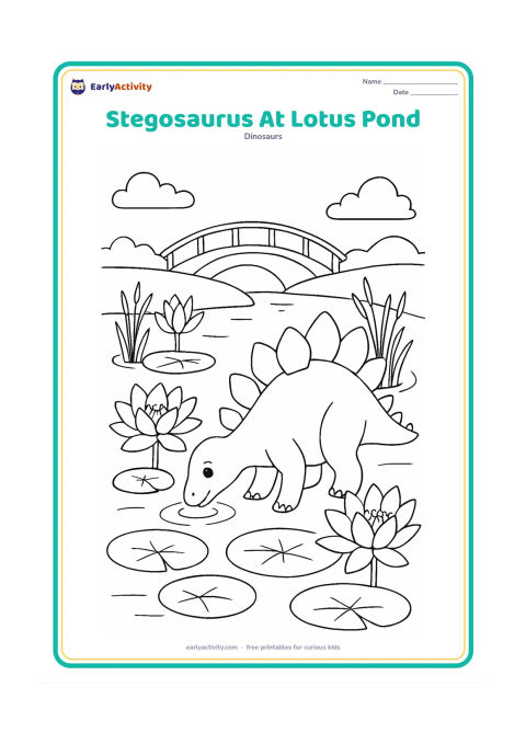 Colouring page: Draw a stegosaurus drinking beside a lotus pond with several large lotus flowers, lily pads, reeds, and a distant arched footbridge. Keep the pond peaceful and the dinosaur fully visible.