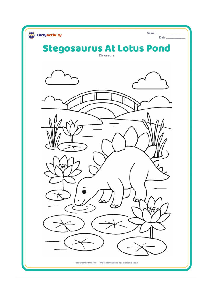Colouring page: Draw a stegosaurus drinking beside a lotus pond with several large lotus flowers, lily pads, reeds, and a distant arched footbridge. Keep the pond peaceful and the dinosaur fully visible.