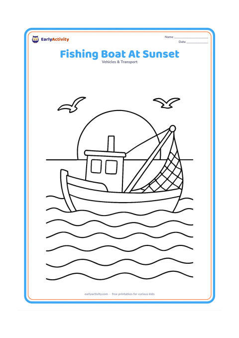 Colouring page: Draw a working fishing boat returning over rolling sea waves at sunset, with a small cabin, a raised net, and two seabirds. Place the low sun behind the boat and leave the horizon clear.