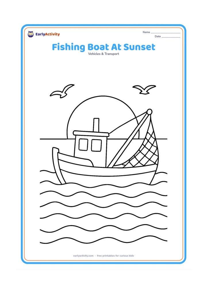 Colouring page: Draw a working fishing boat returning over rolling sea waves at sunset, with a small cabin, a raised net, and two seabirds. Place the low sun behind the boat and leave the horizon clear.